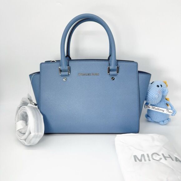 Michael Kors Medium Selma Saffiano Leather Denim Blue Crossbody Strap Satchel - Picture 1 of 9